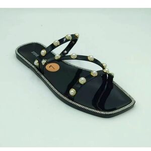 Steve Madden Jelly Faux Pearl Rhinestone Slide Sandals Black Women's Sz 7 New